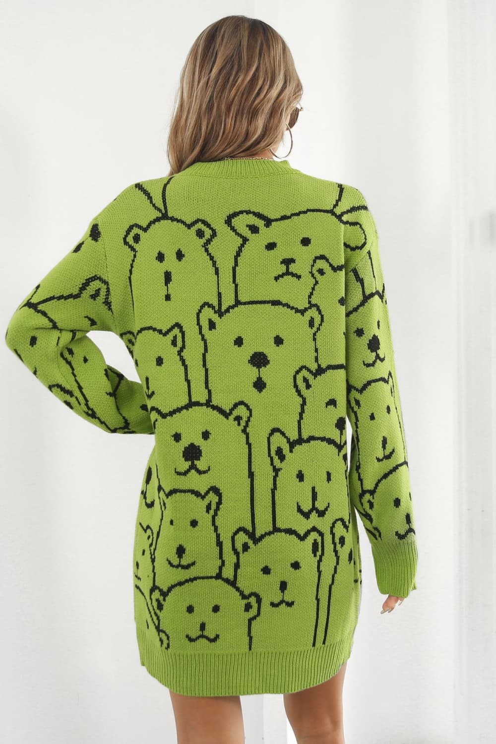 Bear Pattern Round Neck Sweater Dress - Guy Christopher