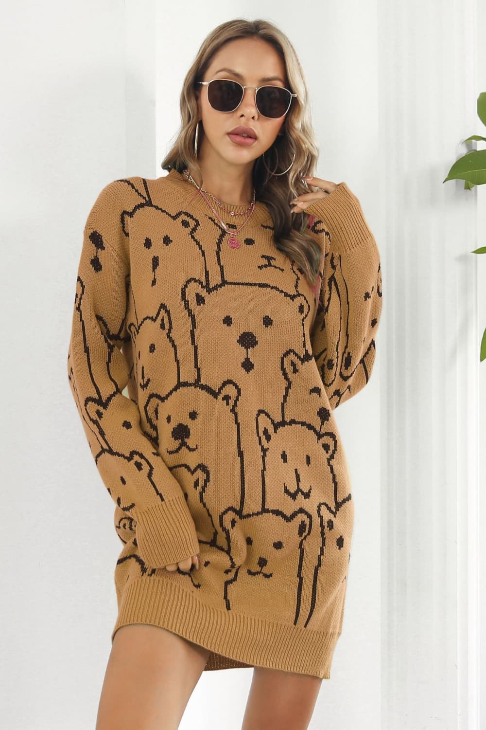 Bear Pattern Round Neck Sweater Dress - Guy Christopher