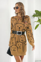 Bear Pattern Round Neck Sweater Dress - Guy Christopher