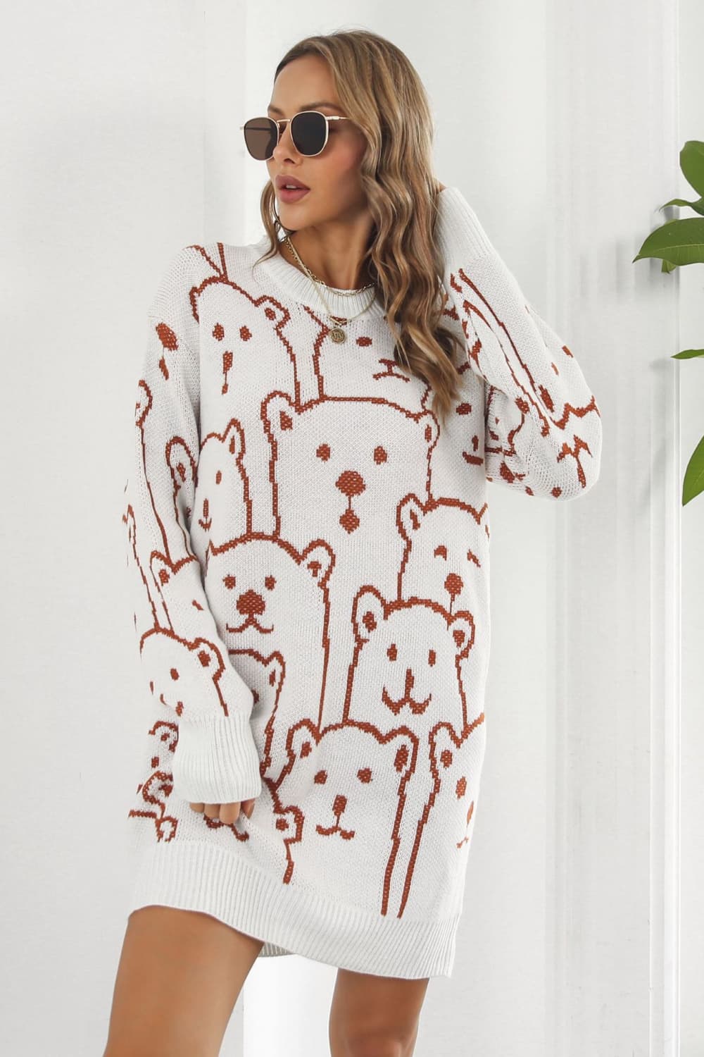 Bear Pattern Round Neck Sweater Dress - Guy Christopher