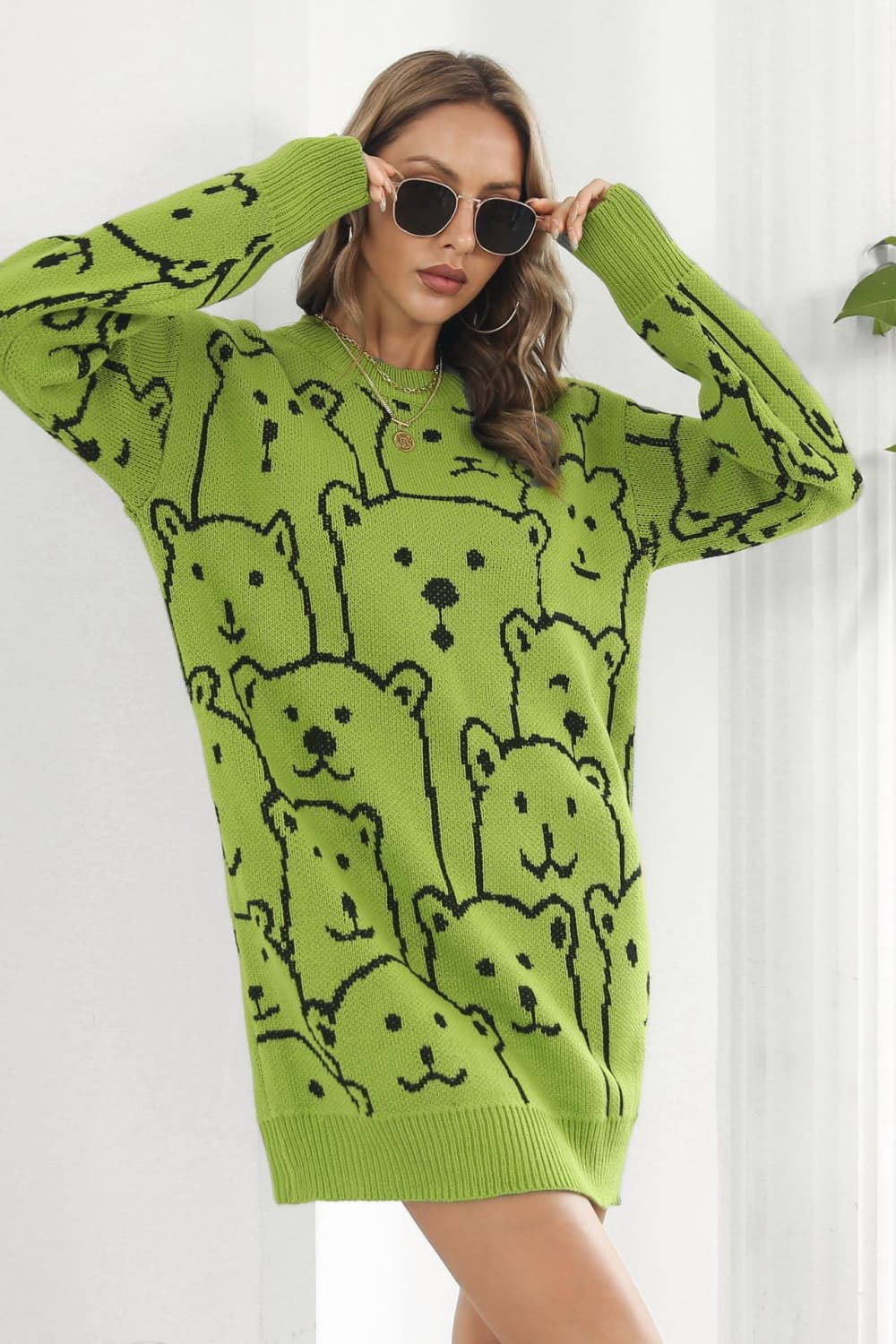 Bear Pattern Round Neck Sweater Dress - Guy Christopher