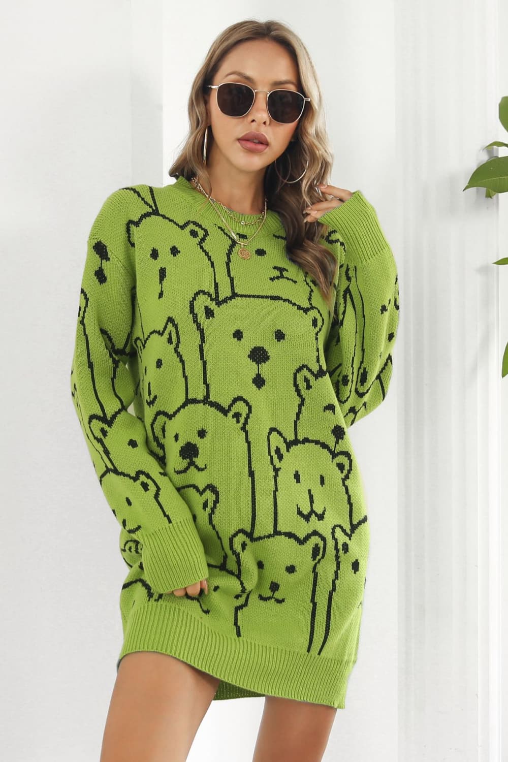 Bear Pattern Round Neck Sweater Dress - Guy Christopher