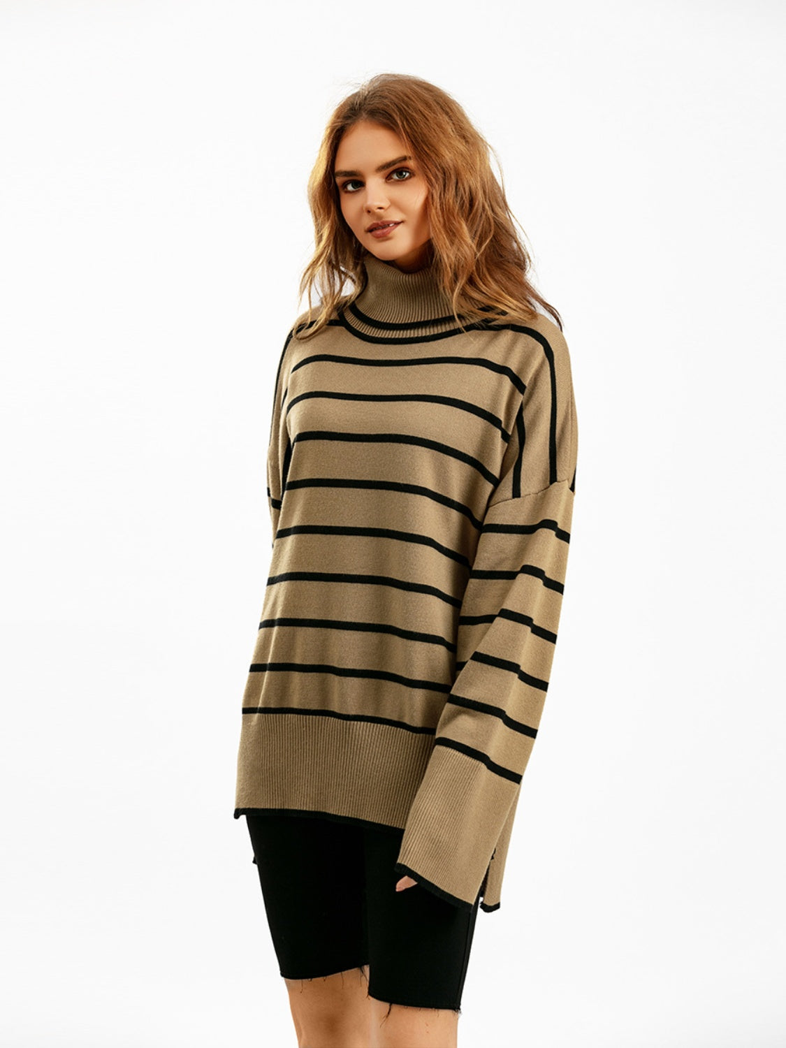 Striped Drop Shoulder Turtleneck Sweater - Guy Christopher 