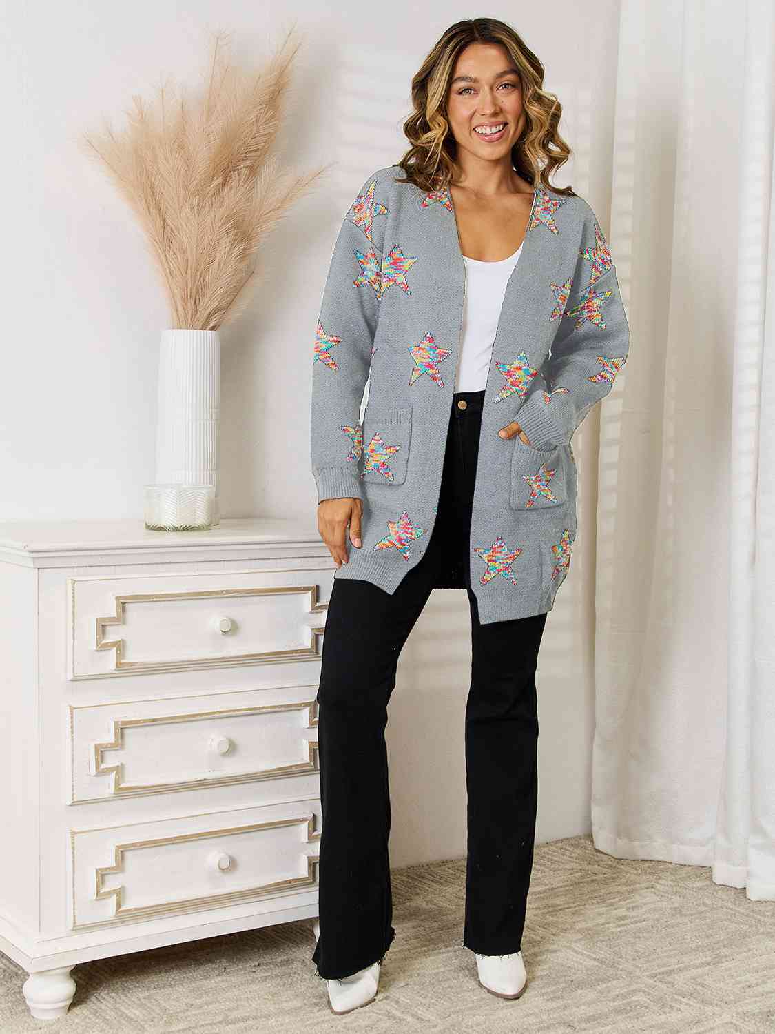 Star Pattern Open Front Cardigan with Pockets - Guy Christopher 