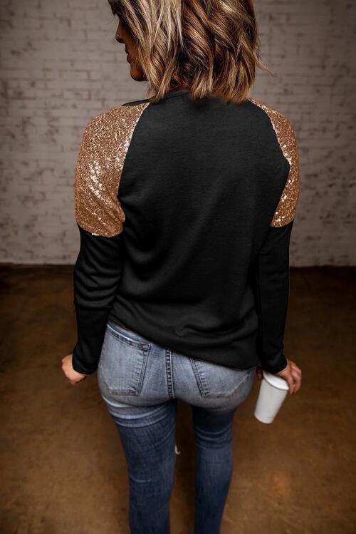 BELIEVE Sequin Long Sleeve Round Neck Blouse - Guy Christopher