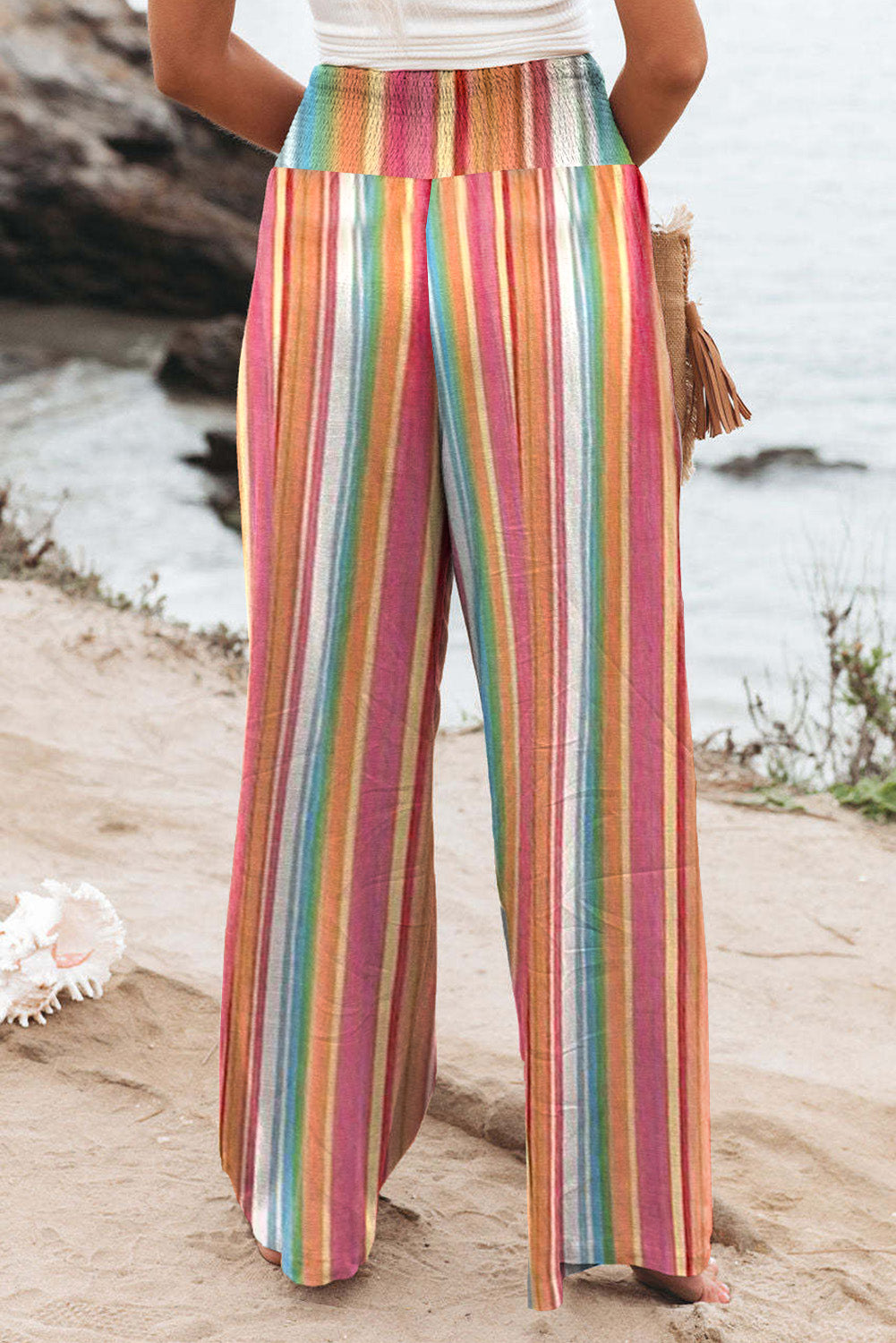 Striped Smocked Waist Pants with Pockets - Guy Christopher 
