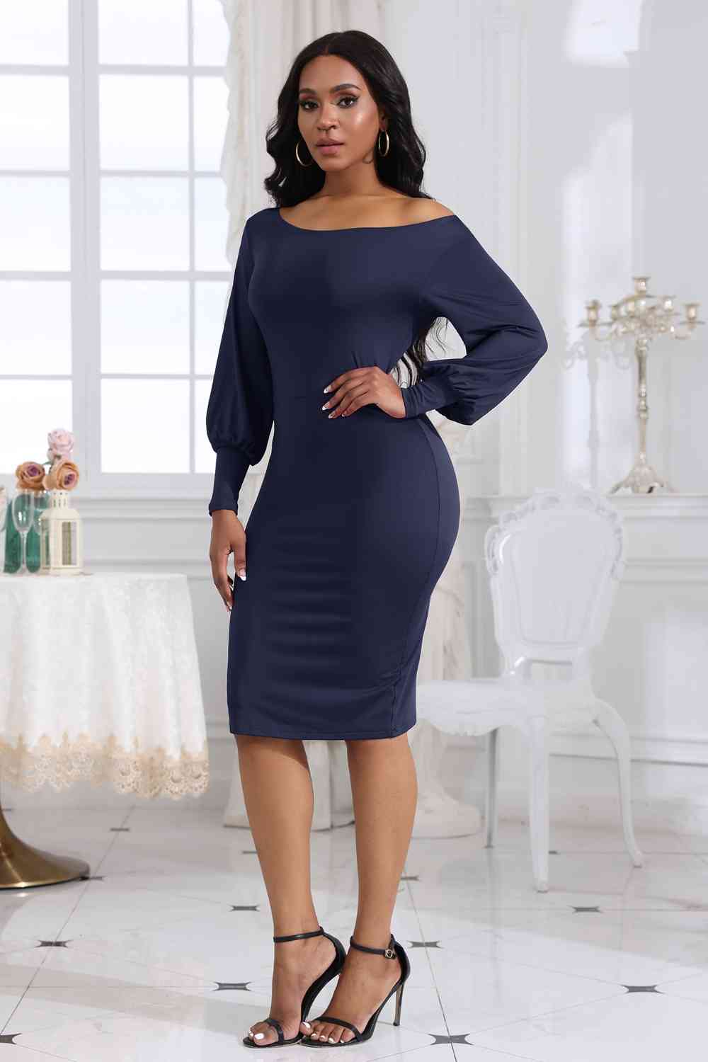 Boat Neck Lantern Sleeve Dress - Guy Christopher