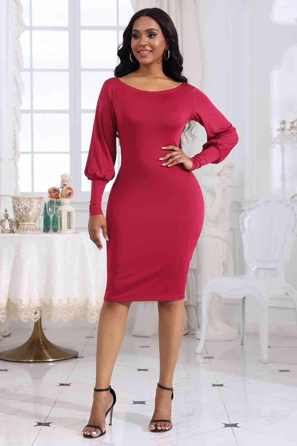 Boat Neck Lantern Sleeve Dress - Guy Christopher