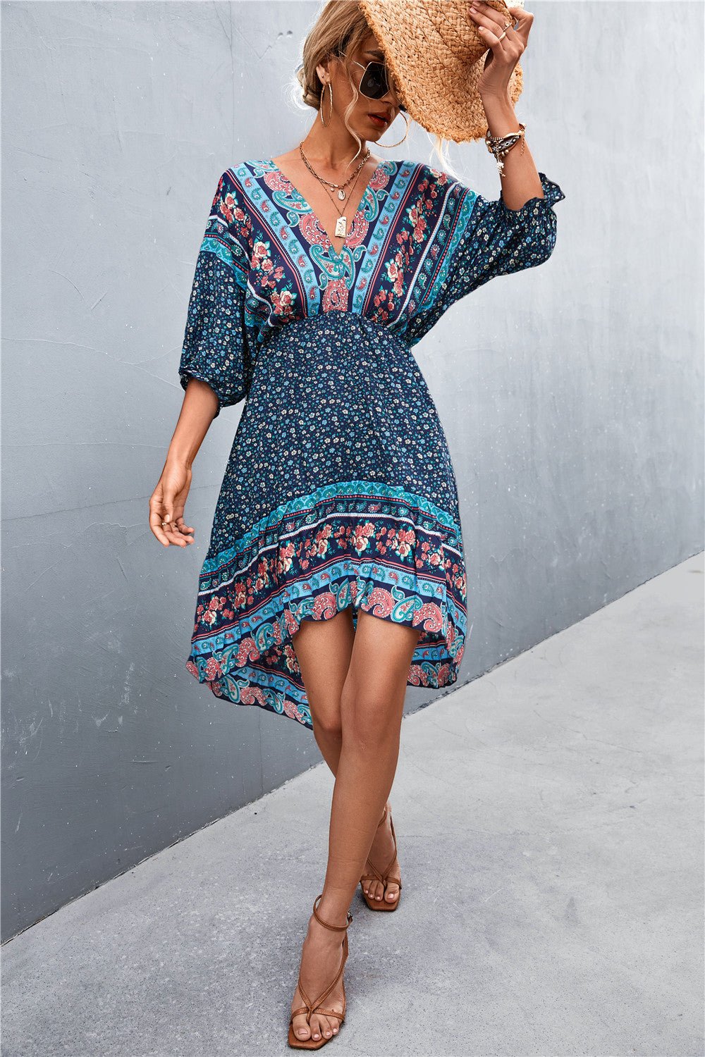 Bohemian Dreams - Indulge in the Art of Romance with our Printed V Neck Dress - Feel Like a Goddess, Embrace Your Inner Sultriness and Experience Unparalleled Comfort. - Guy Christopher