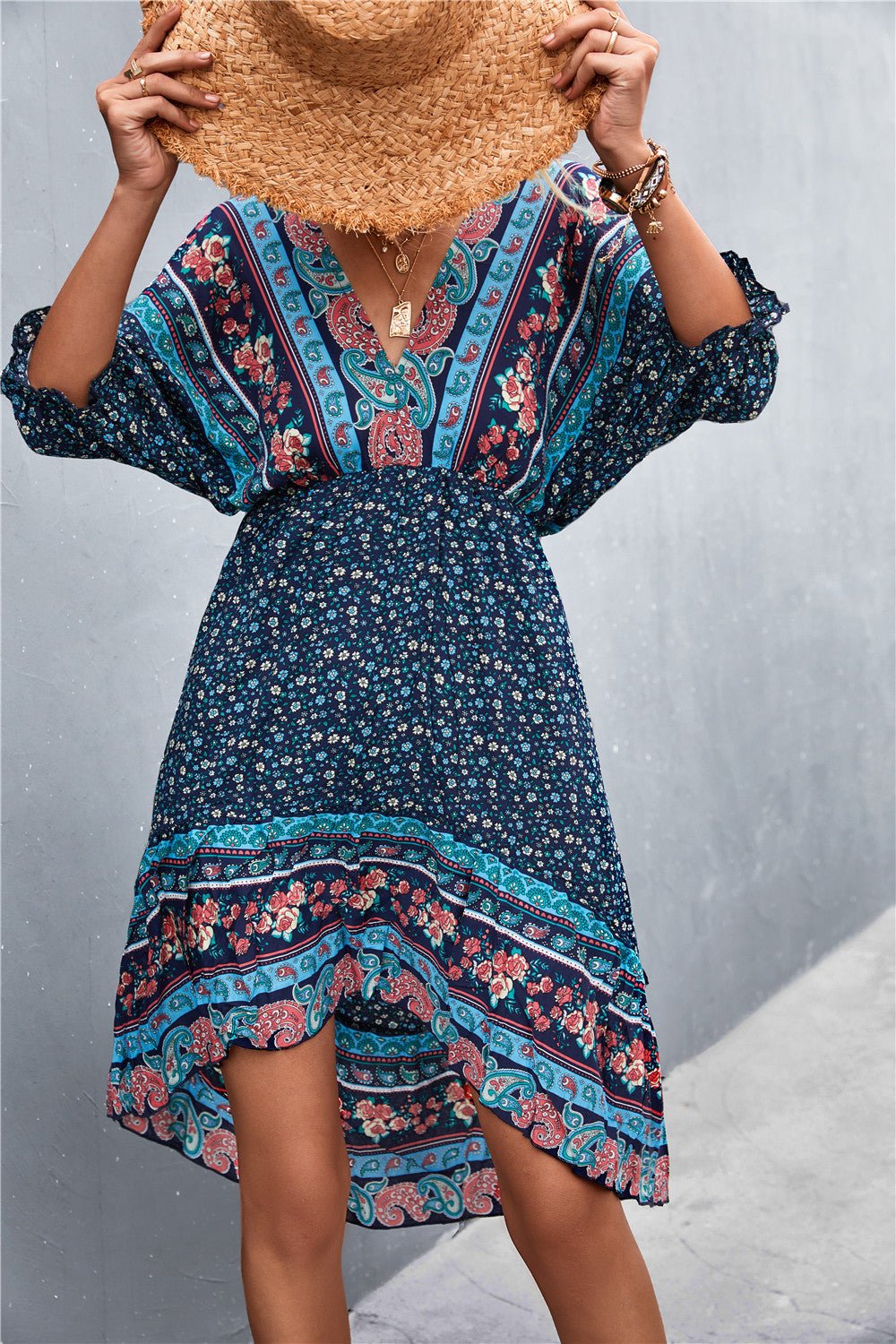 Bohemian Dreams - Indulge in the Art of Romance with our Printed V Neck Dress - Feel Like a Goddess, Embrace Your Inner Sultriness and Experience Unparalleled Comfort. - Guy Christopher
