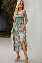 Bohemian Off-Shoulder Frill Trim Split Dress - Guy Christopher