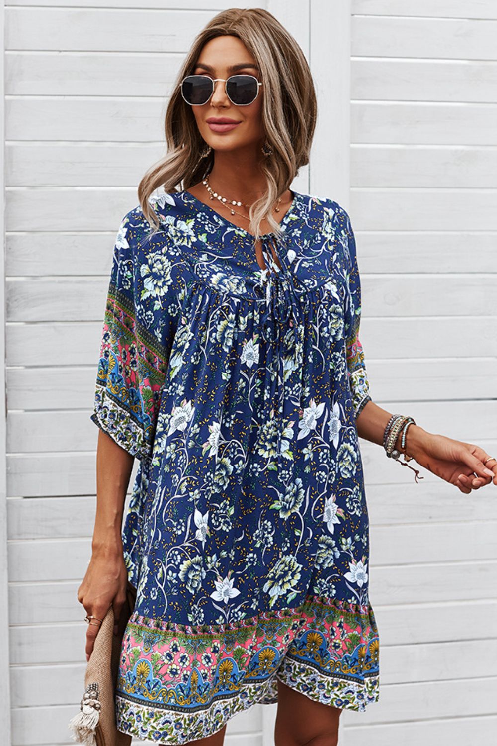 Bohemian Tie Neck Mini Dress - Guy Christopher