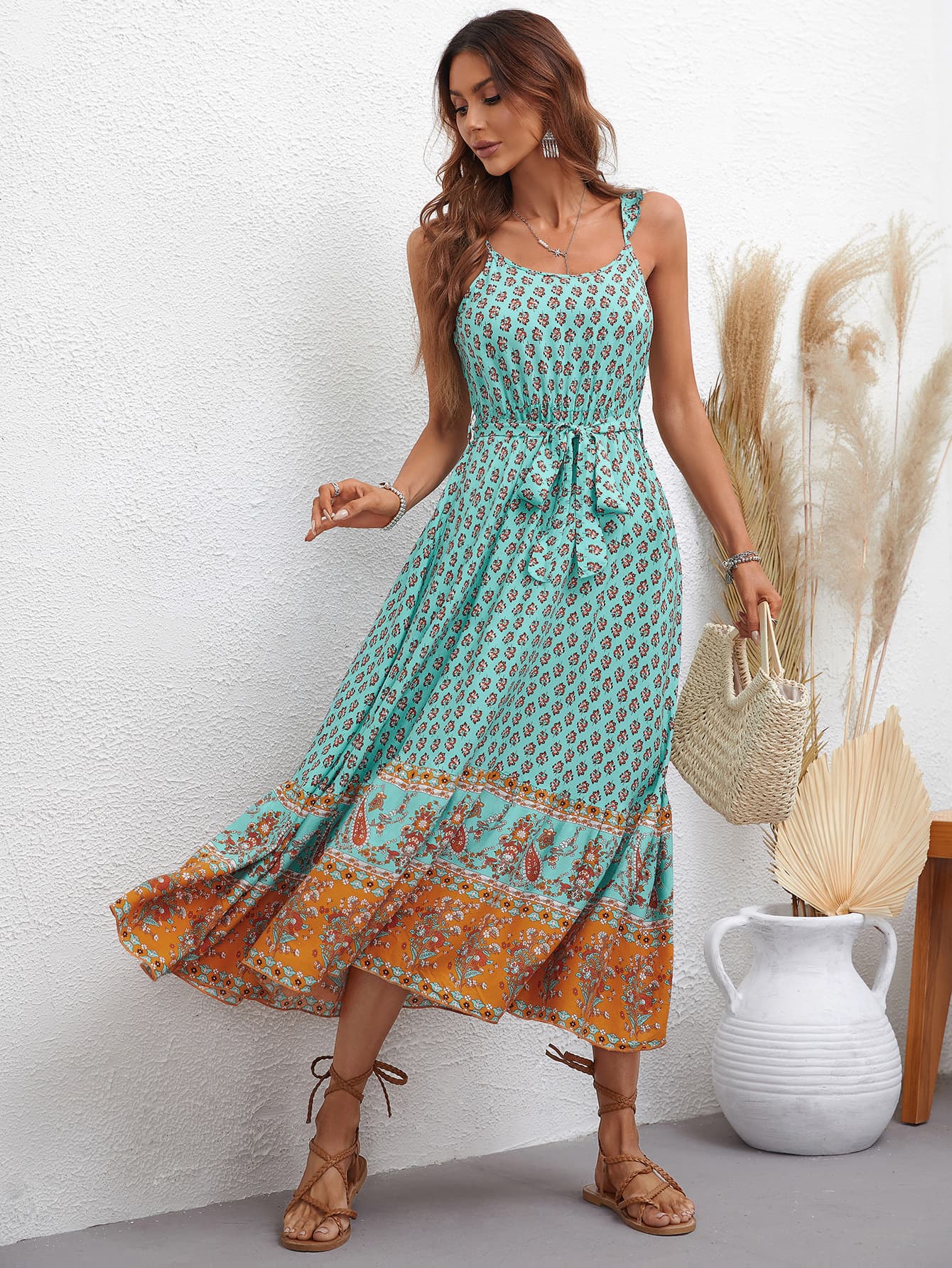 Bohemian Tie Waist Scoop Neck Dress - Guy Christopher