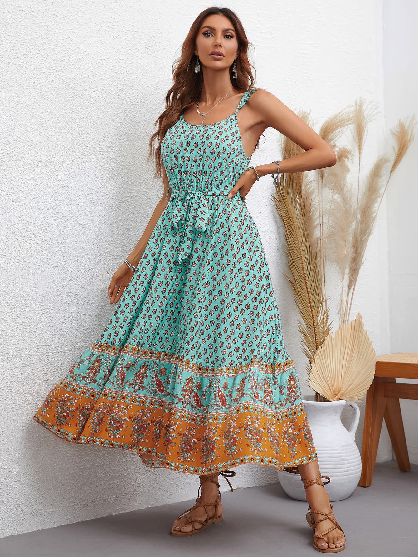 Bohemian Tie Waist Scoop Neck Dress - Guy Christopher