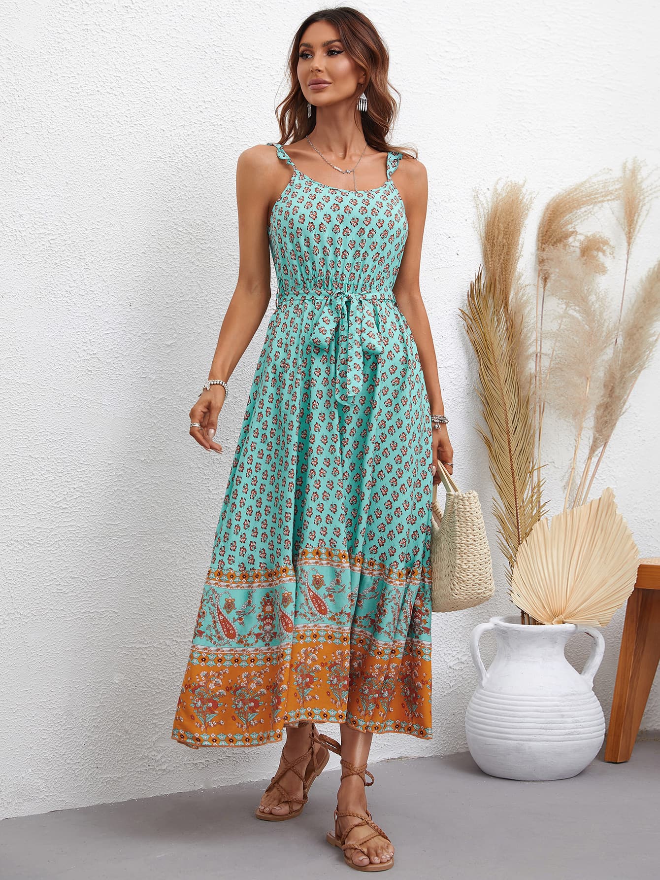 Bohemian Tie Waist Scoop Neck Dress - Guy Christopher