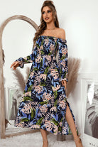 Botanical Print Off-Shoulder Flounce Sleeve Dress - Guy Christopher