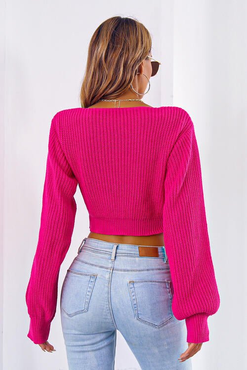 Bow V-Neck Long Sleeve Cropped Sweater - Guy Christopher