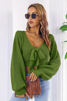 Bow V-Neck Long Sleeve Cropped Sweater - Guy Christopher