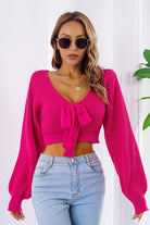 Bow V-Neck Long Sleeve Cropped Sweater - Guy Christopher