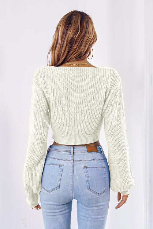 Bow V-Neck Long Sleeve Cropped Sweater - Guy Christopher