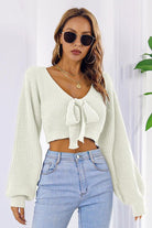 Bow V-Neck Long Sleeve Cropped Sweater - Guy Christopher