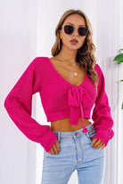 Bow V-Neck Long Sleeve Cropped Sweater - Guy Christopher