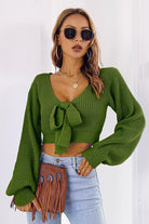 Bow V-Neck Long Sleeve Cropped Sweater - Guy Christopher