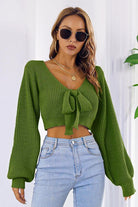 Bow V-Neck Long Sleeve Cropped Sweater - Guy Christopher