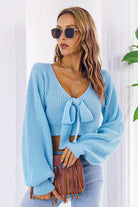 Bow V-Neck Long Sleeve Cropped Sweater - Guy Christopher