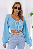 Bow V-Neck Long Sleeve Cropped Sweater - Guy Christopher