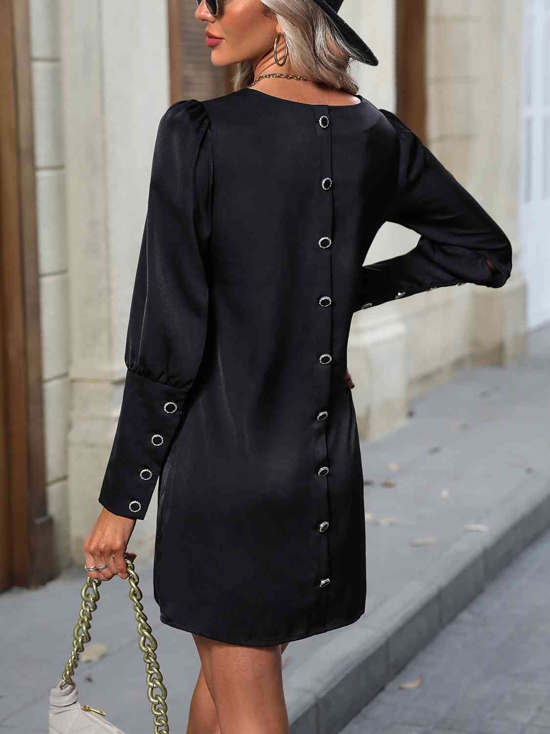 Button Back Round Neck Long Sleeve Dress - Guy Christopher