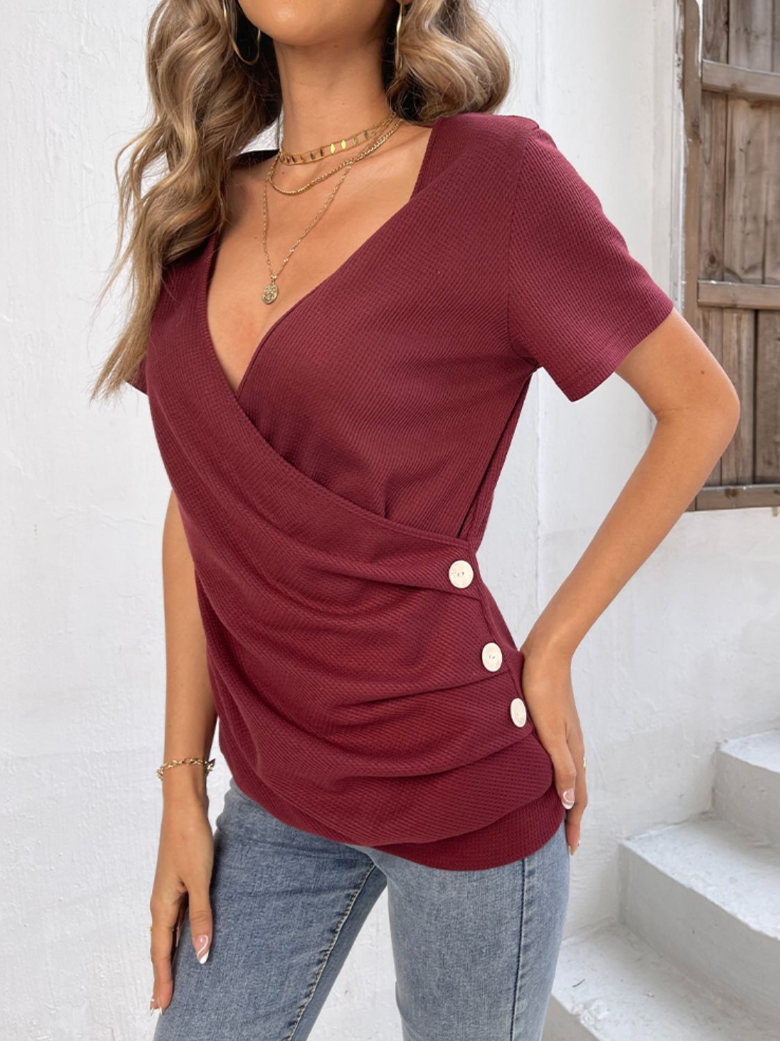 Button Detail Surplice Short Sleeve Tee - Embrace Your Romantic Side with this Chic and Sophisticated Piece - Accentuates Your Figure in all the Right Places. - Guy Christopher