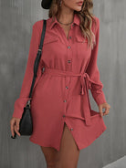 Button Down Belted Long Sleeve Shirt Dress - Guy Christopher