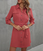 Button Down Belted Long Sleeve Shirt Dress - Guy Christopher