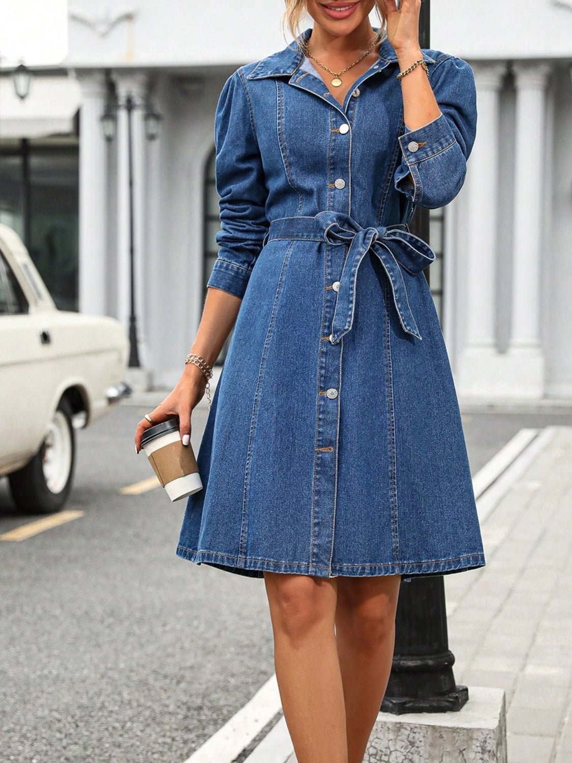 Button Down Long Sleeve Denim Dress - Guy Christopher