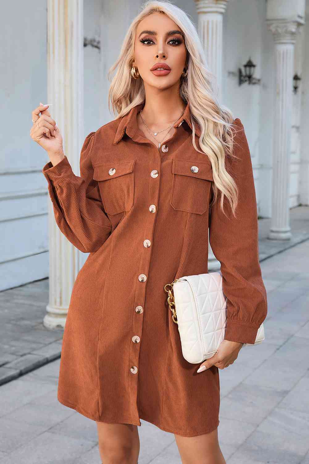 Button Down Puff Sleeve Dress - Guy Christopher