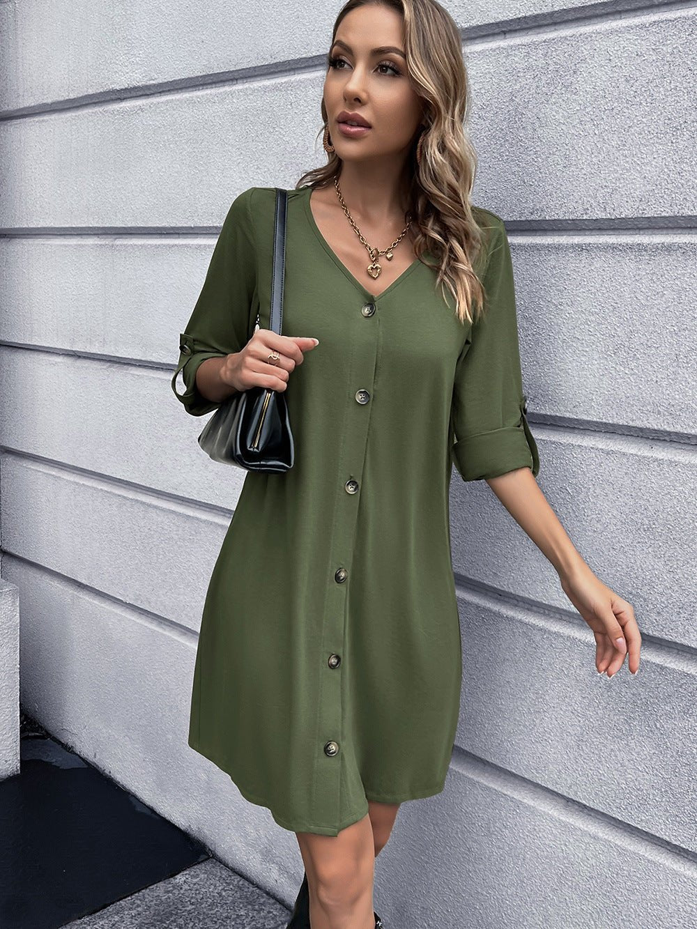 Button Down V-Neck Mini Dress - Guy Christopher