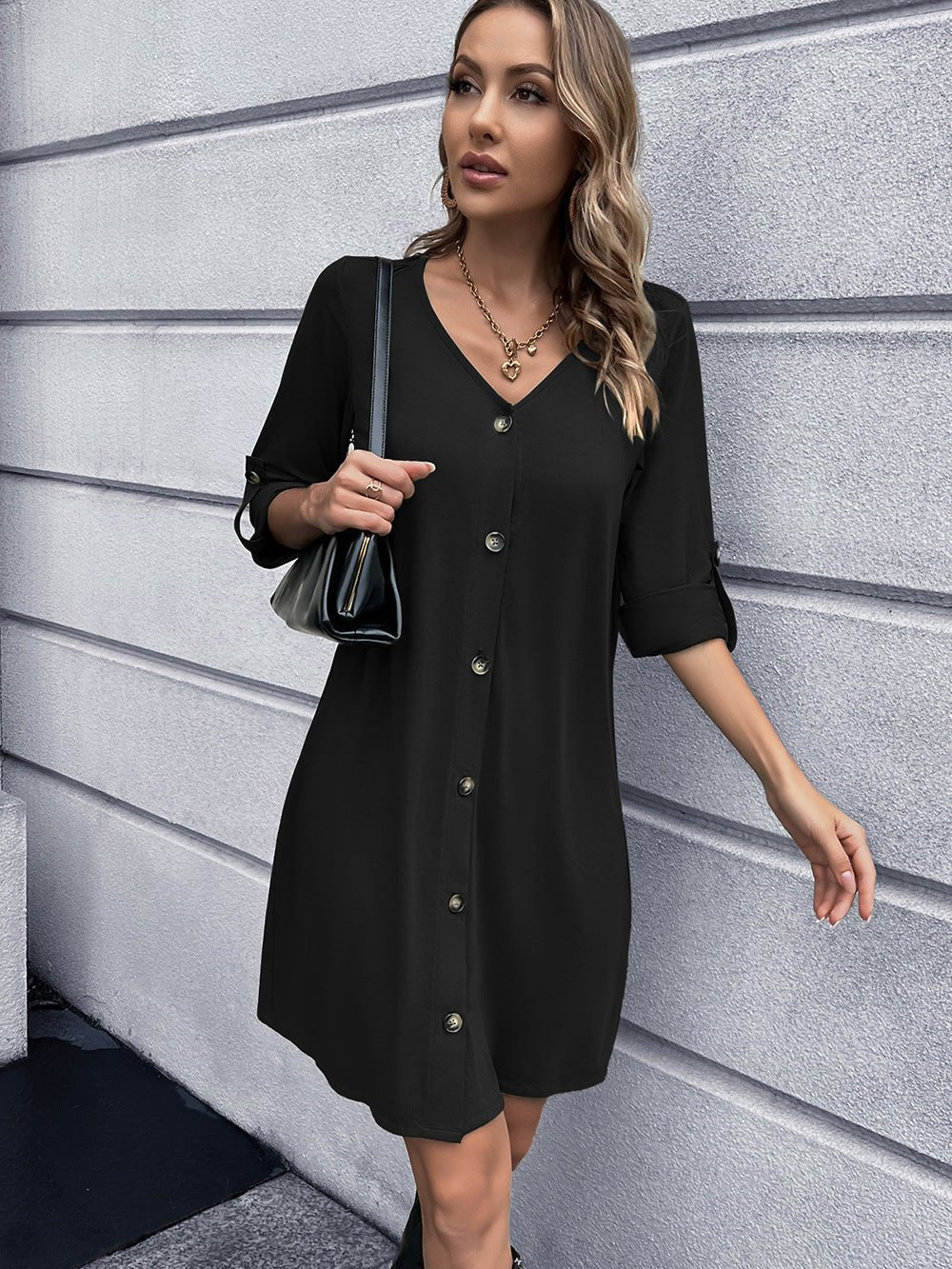 Button Down V-Neck Mini Dress - Guy Christopher