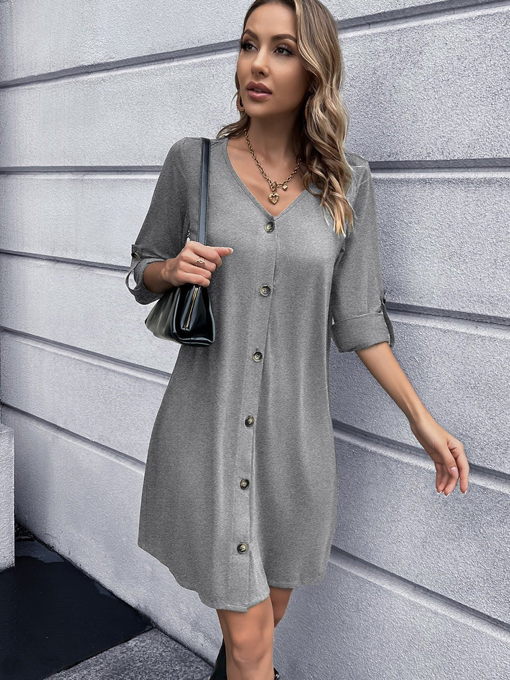 Button Down V-Neck Mini Dress - Guy Christopher