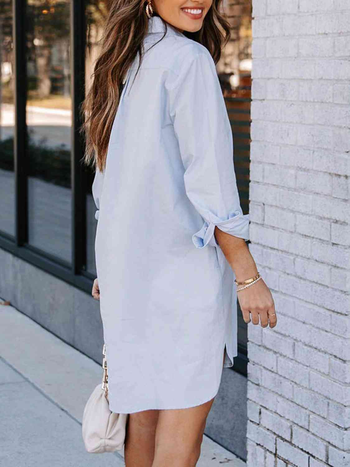 Button Up Collared Neck Long Sleeve Shirt Dress - Guy Christopher