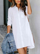 Button Up Collared Neck Long Sleeve Shirt Dress - Guy Christopher