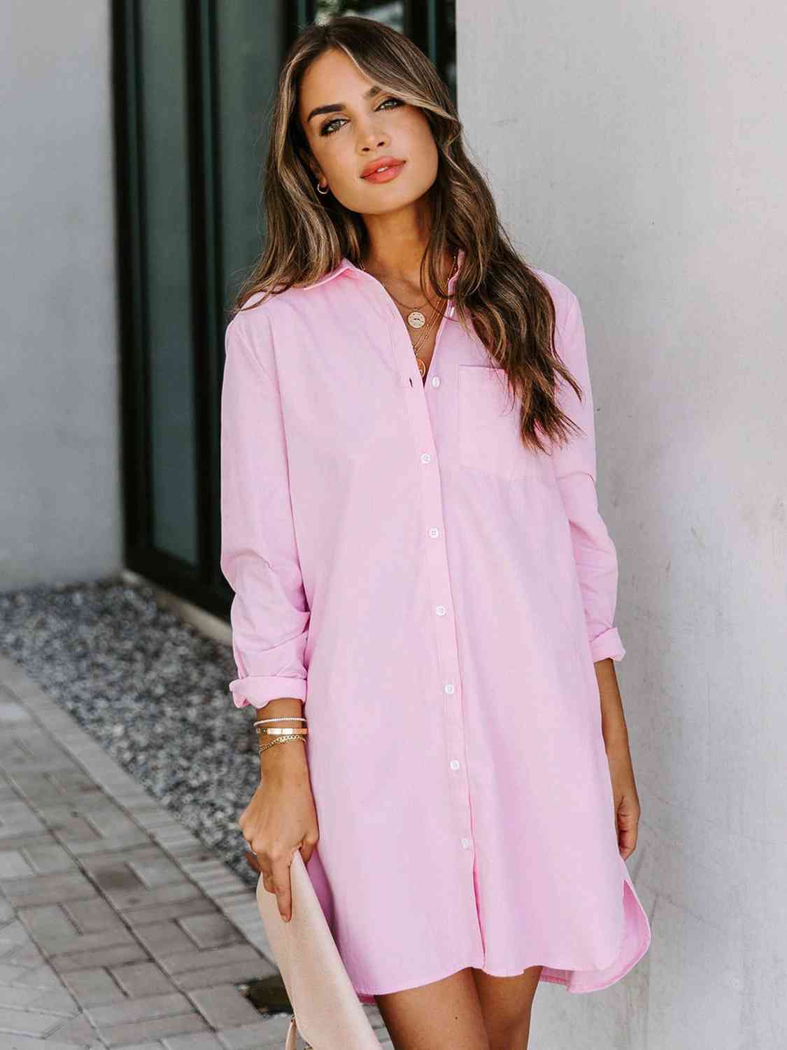 Button Up Collared Neck Long Sleeve Shirt Dress - Guy Christopher