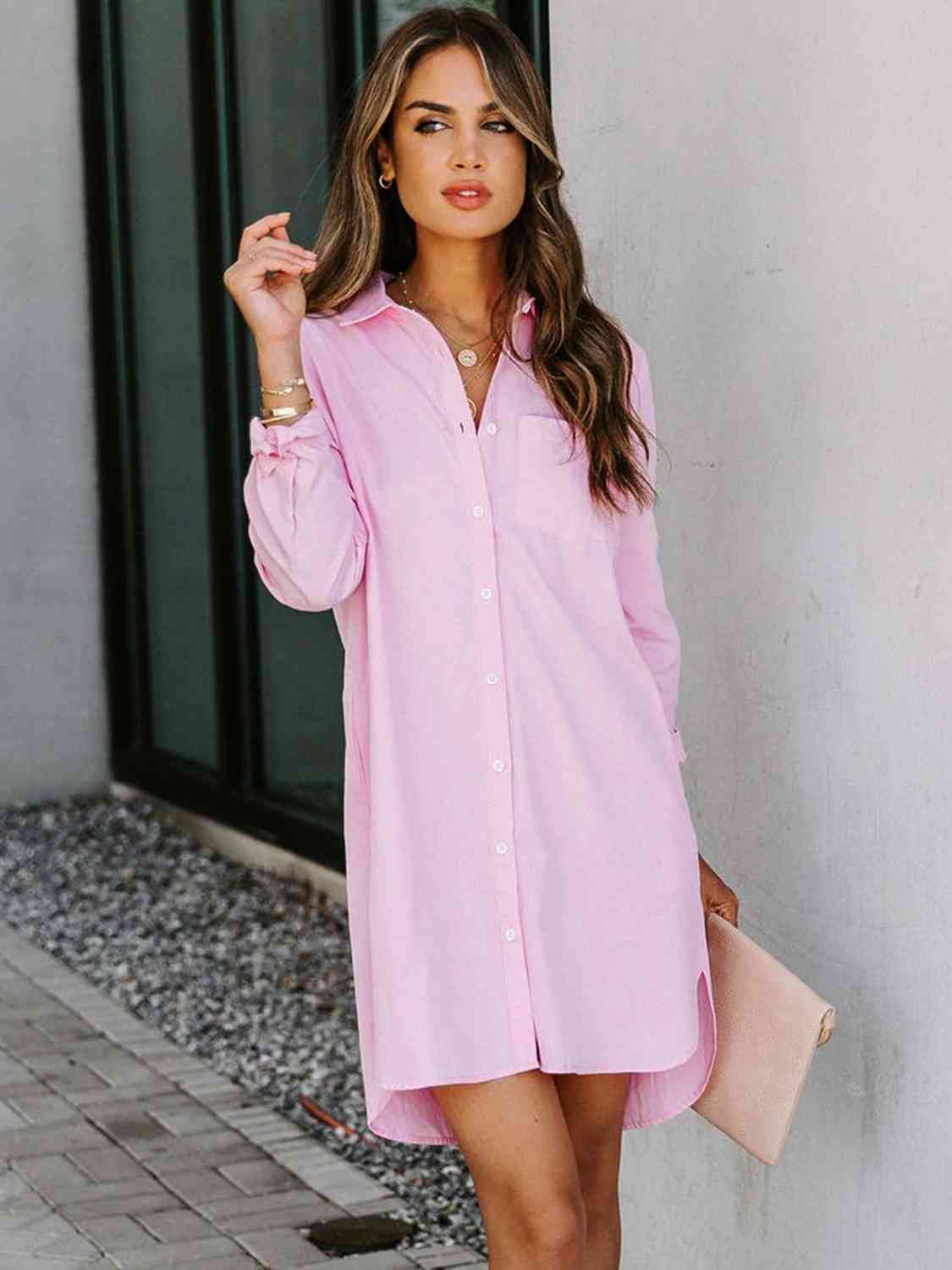 Button Up Collared Neck Long Sleeve Shirt Dress - Guy Christopher