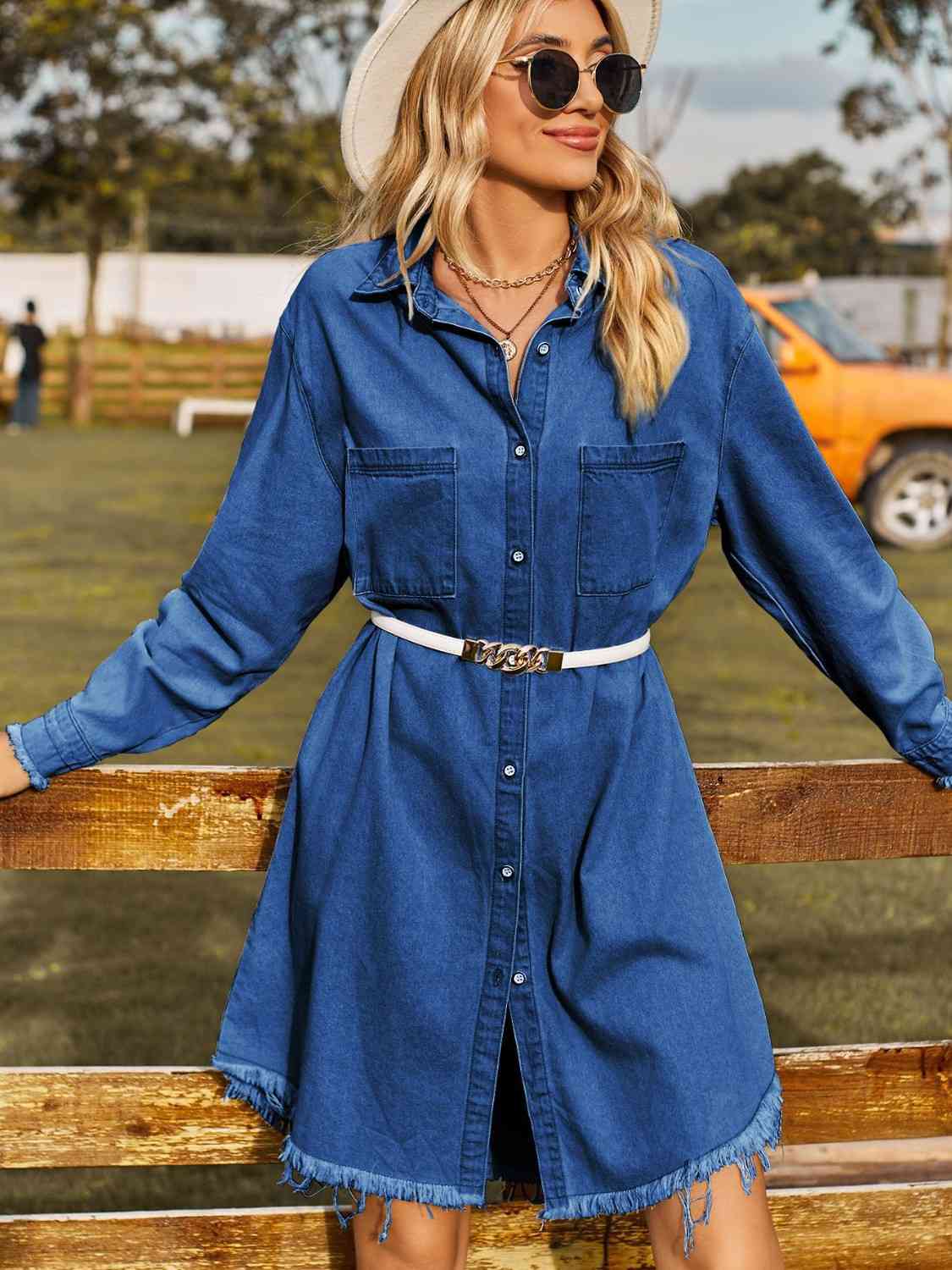 Button Up Collared Neck Raw Hem Denim Dress - Guy Christopher