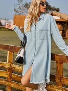 Button Up Collared Neck Raw Hem Denim Dress - Guy Christopher