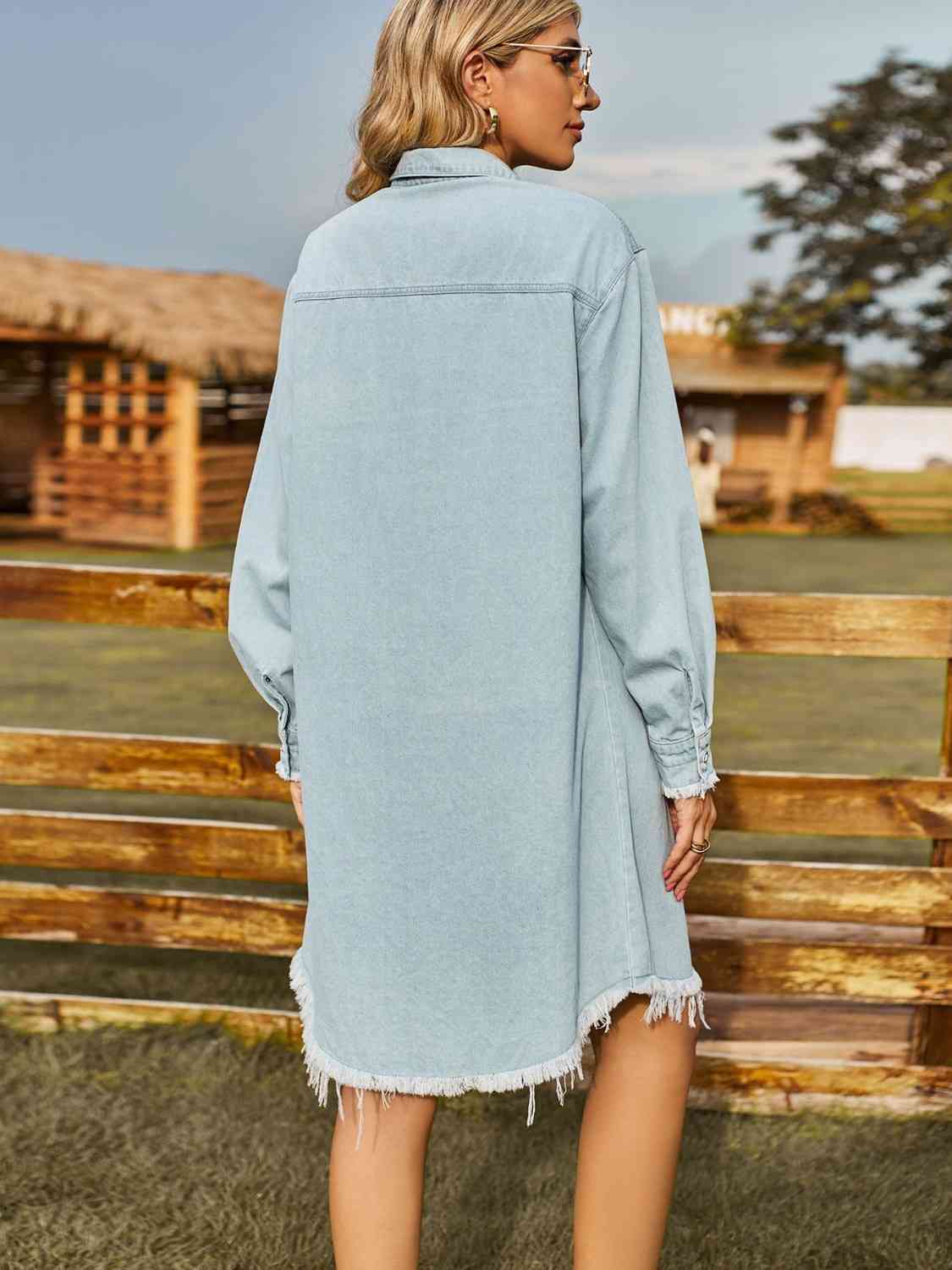 Button Up Collared Neck Raw Hem Denim Dress - Guy Christopher