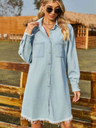 Button Up Collared Neck Raw Hem Denim Dress - Guy Christopher