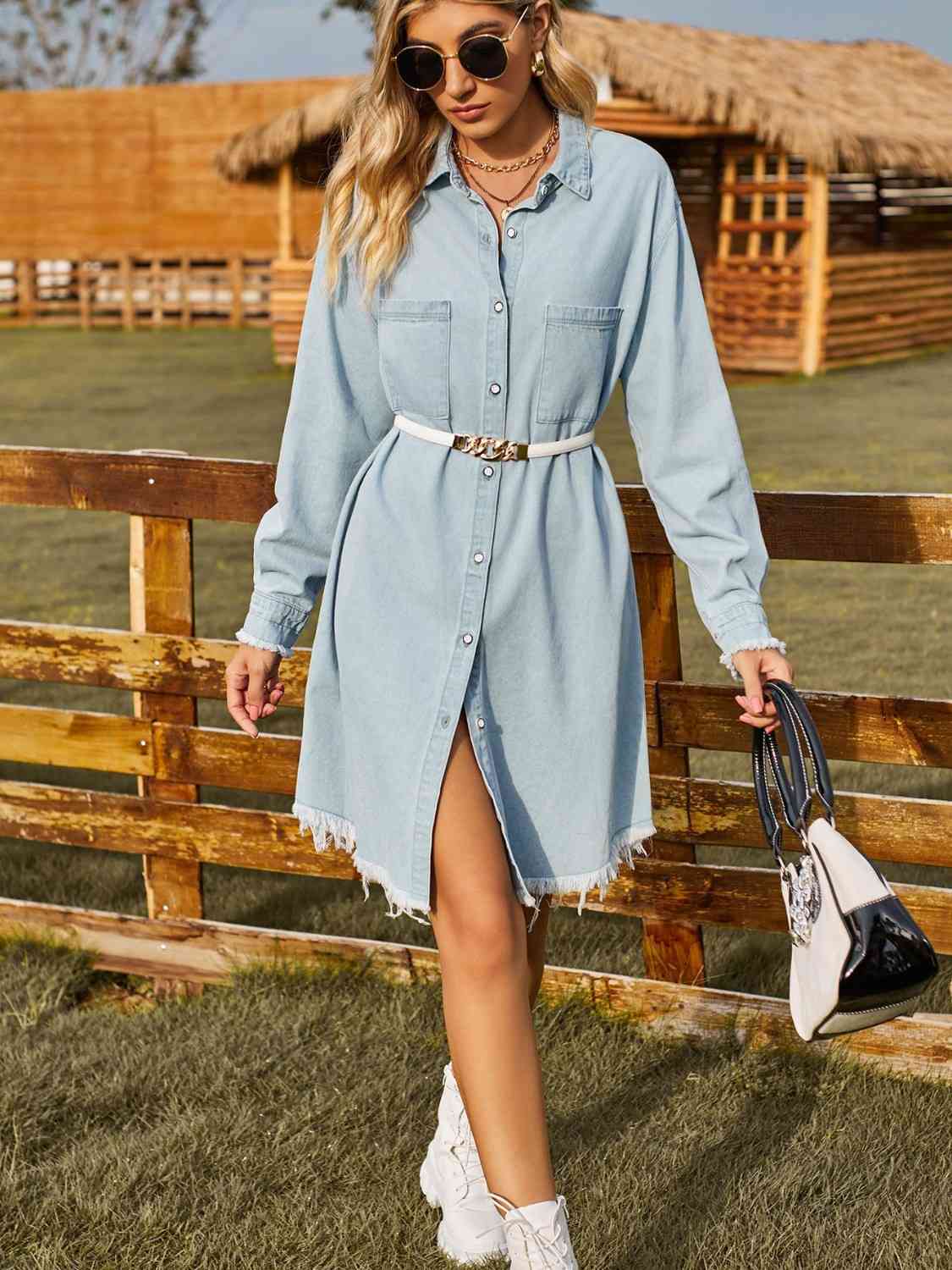 Button Up Collared Neck Raw Hem Denim Dress - Guy Christopher