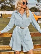 Button Up Collared Neck Raw Hem Denim Dress - Guy Christopher