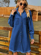 Button Up Collared Neck Raw Hem Denim Dress - Guy Christopher